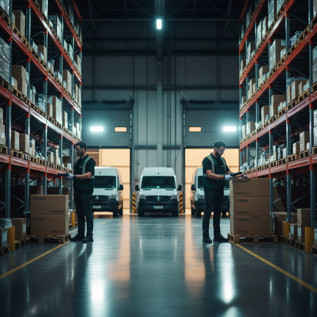 DJR warehouse associates scanning auto parts with RF scanners along high-bay shelving while delivery vans load at the dock